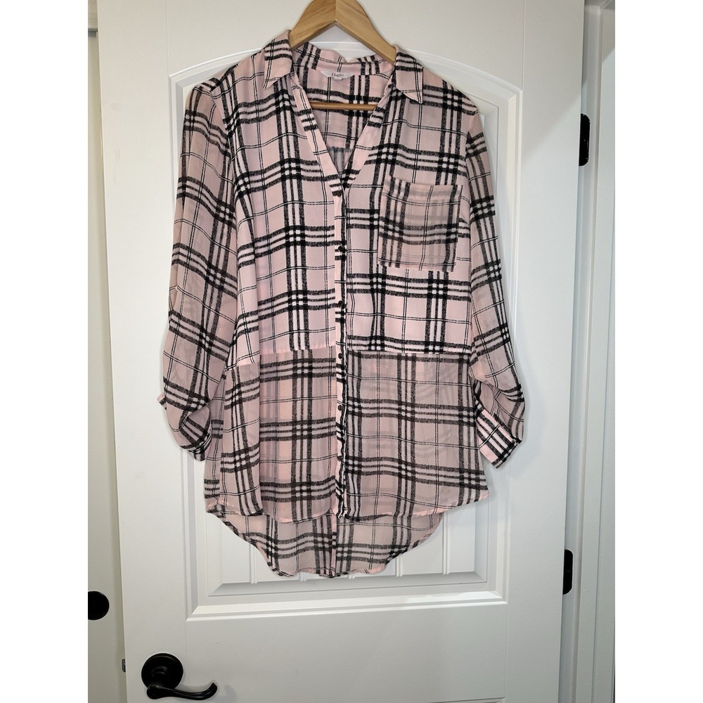 Candies shirt Women XL Pink plaid Roll Tab long sleeve blouse  Ladies